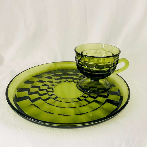 Vintage Set of 4 Cube pattern luncheon plates with cups olive green 1960's glass Indiana glass serving dining collectible display kitchen