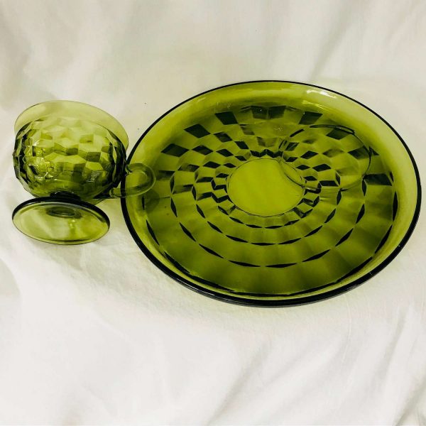 Vintage Set of 4 Cube pattern luncheon plates with cups olive green 1960's glass Indiana glass serving dining collectible display kitchen