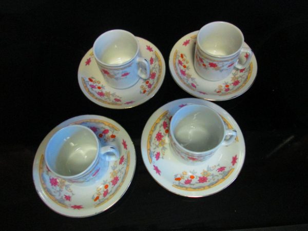 Vintage set of 4 Demitasse cups and saucers fine bone china pink floral pattern gold trim collectible display farmhouse elegant