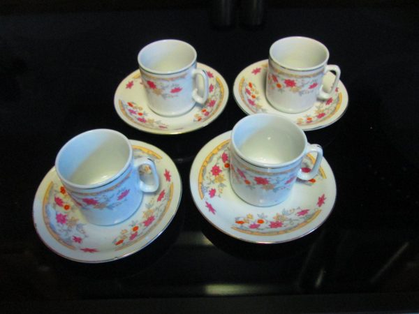 Vintage set of 4 Demitasse cups and saucers fine bone china pink floral pattern gold trim collectible display farmhouse elegant