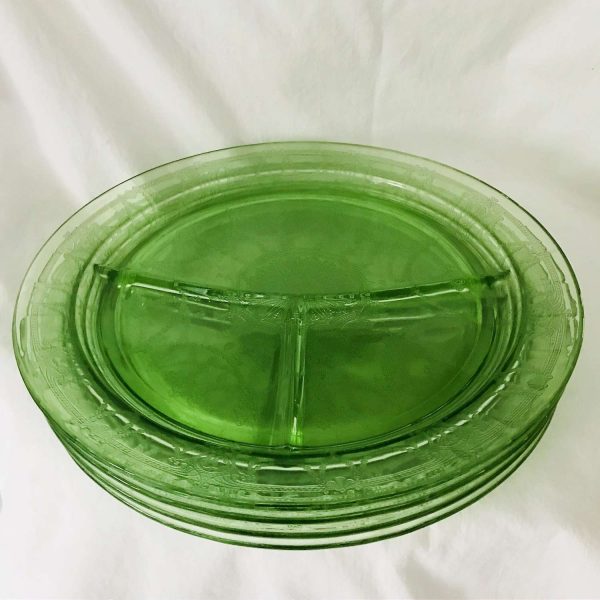 Vintage set of 4 Green Cameo Depression Glass Vaseline Uranium Divided Dinner Plates farmhouse collectible cottage dining serving picnic