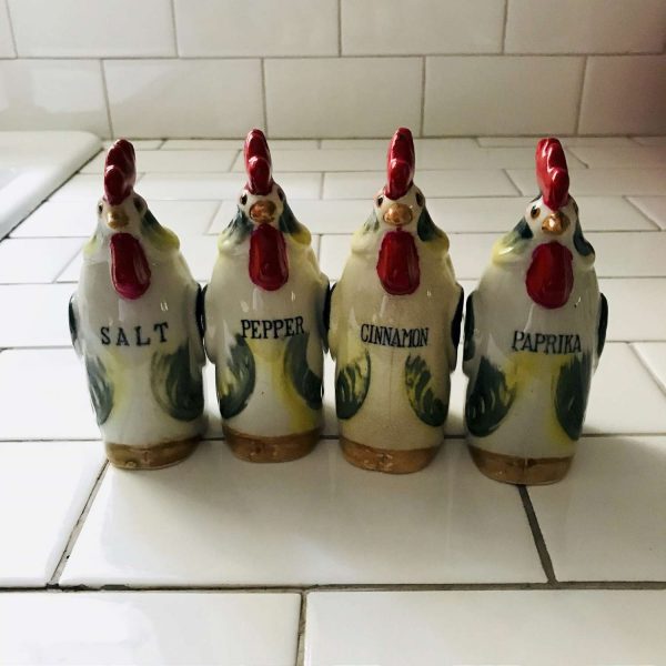 Vintage Set of 4 Salt & Pepper Shaker Chickens Roosters Paprika and Cinnamon Collectible farmhouse display tableware cottage retro kitchen