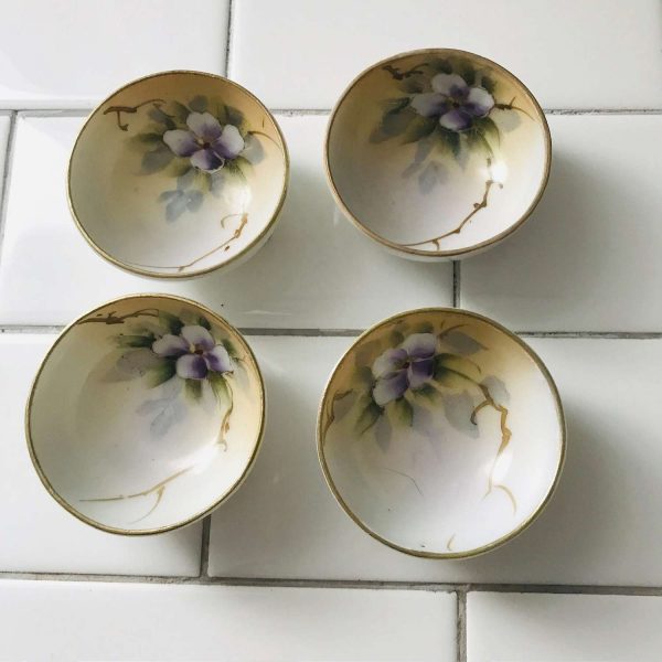 Vintage set of 4 Sauce Bowls Japanese hand painted purple floral gold trimmed footed fine china collectible display