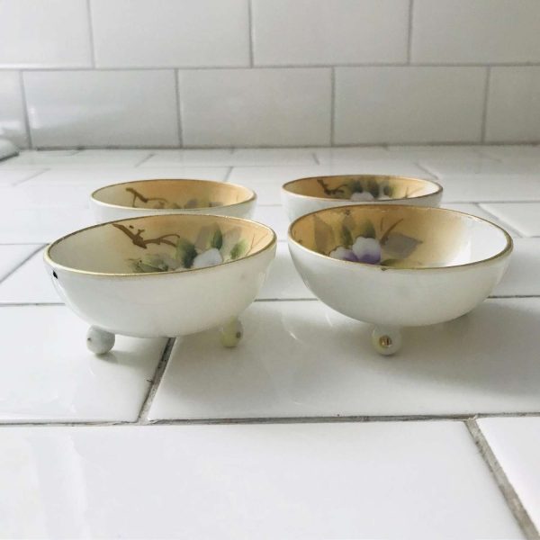 Vintage set of 4 Sauce Bowls Japanese hand painted purple floral gold trimmed footed fine china collectible display