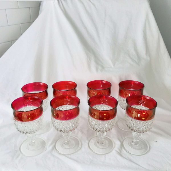 Vintage Set of 8 Goblets Diamond Point Pattern with red rims Stemware Wine Water Barware Drinkware Kitchen Display Collectible