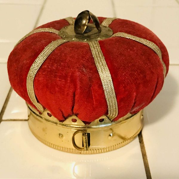 Vintage Sewing Notions 1940 crown pincushion thimble top and tape measure bottom collectible farmhouse display movie prop