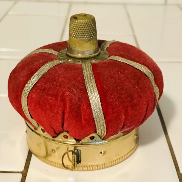 Vintage Sewing Notions 1940 crown pincushion thimble top and tape measure bottom collectible farmhouse display movie prop