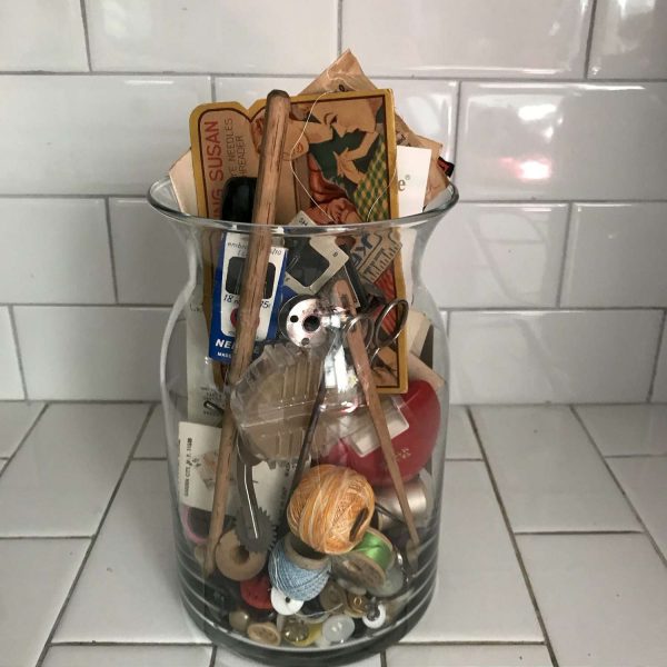 Vintage Sewing Notions display Jar full of many pieces advertising  farmhouse display Collectible jar of Notions Lot 1