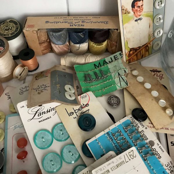 Vintage Sewing Notions display Jar full of many pieces advertising  farmhouse display Collectible jar of Notions Lot 2