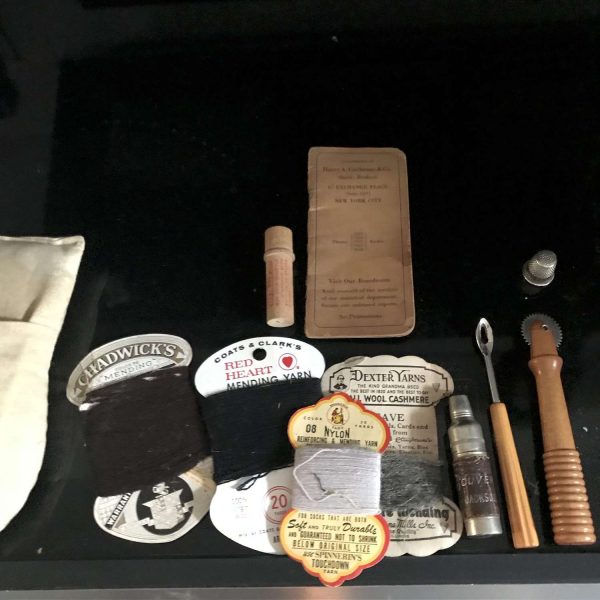 Vintage Sewing Notions display Lot 4  Sewing Machines advertising collectible farmhouse display thread wooden spools buttons sewing kit box