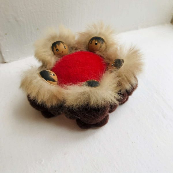 Vintage Sewing Notions Eskimo pincushion made in Alaska Fur fabric and wooden faces collectible farmhouse display movie prop gift display