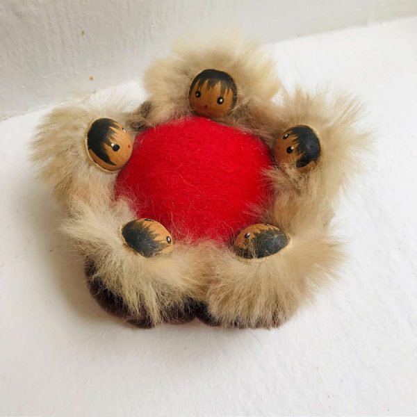 Vintage Sewing Notions Eskimo pincushion made in Alaska Fur fabric and wooden faces collectible farmhouse display movie prop gift display