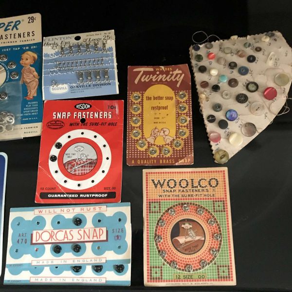 Vintage Sewing Notions Snaps display Lot 2  Sewing Machines advertising collectible farmhouse display Snaps and Hooks 1920's-40's