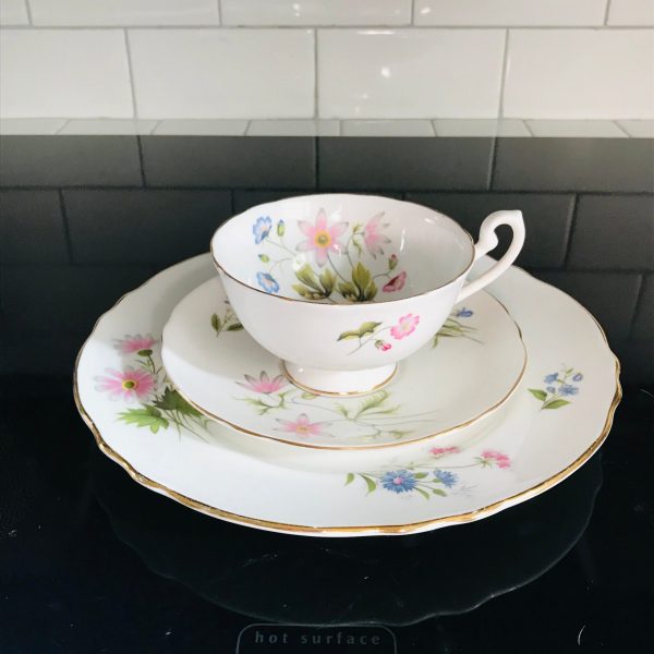 Vintage Shelley Tea cup and saucer TRIO England Fine bone china Pink and Blue Floral with snack plate gold trim farmhouse cottage