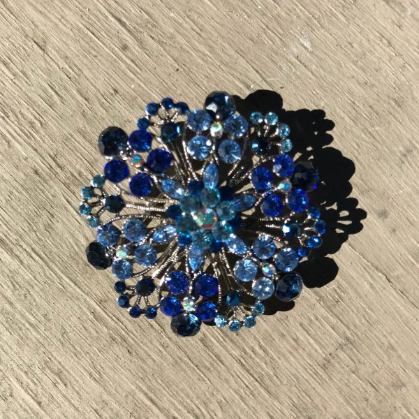 Vintage Silver Pin Brooch Blue and Aurora Borealis rhinestones brooch or pendant collectible fine costume jewelry floral shape & pattern
