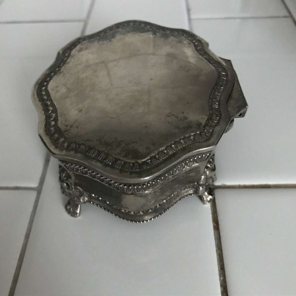 Vintage Silverplate Jewelry Box Footed ornate design blue lined trinket box collectible display farmhouse bedroom bathroom