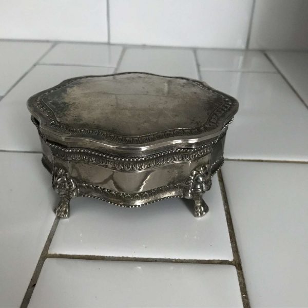 Vintage Silverplate Jewelry Box Footed ornate design blue lined trinket box collectible display farmhouse bedroom bathroom