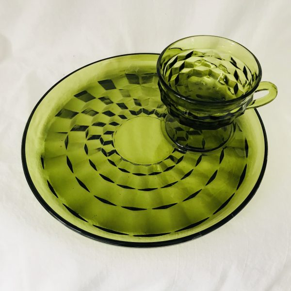 Vintage single Cube pattern luncheon plates with cup olive green 1960's glass Indiana glass serving dining collectible display kitchen