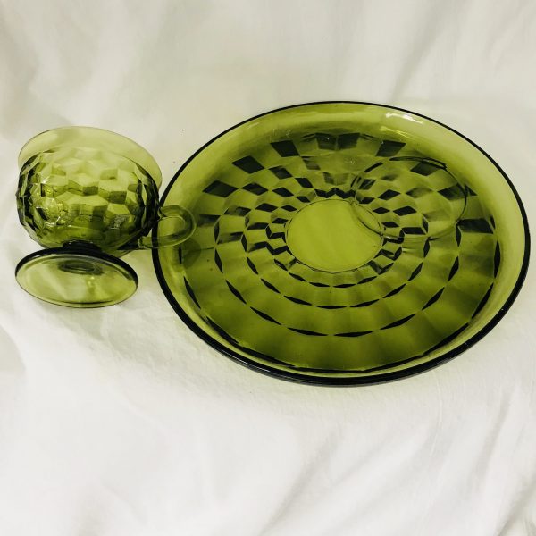 Vintage single Cube pattern luncheon plates with cup olive green 1960's glass Indiana glass serving dining collectible display kitchen