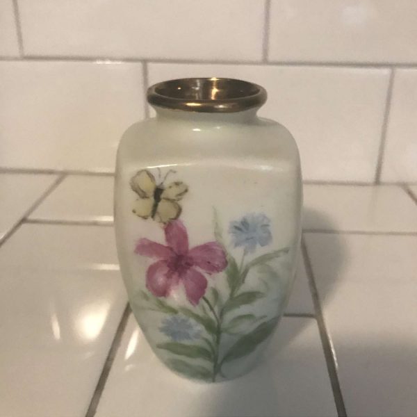 Vintage small hand painted vase trimmed out with a gold overlay top pink blue floral & yellow butterflies collectible farmhouse display
