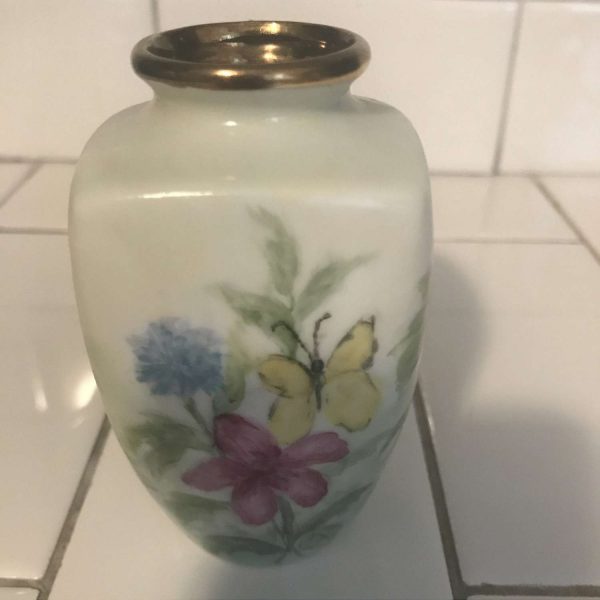Vintage small hand painted vase trimmed out with a gold overlay top pink blue floral & yellow butterflies collectible farmhouse display