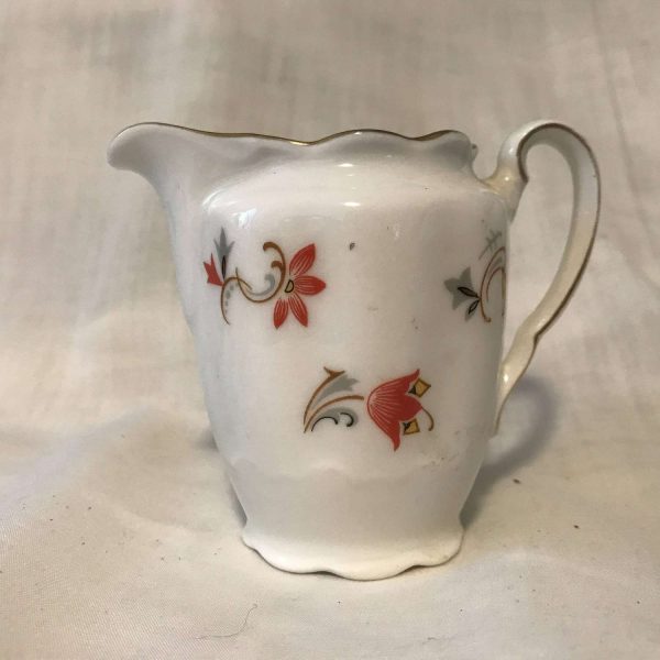 Vintage small table top creamer Mid Century Japan dark oranage flowers gray leaves kitchen retro farmhouse collectible display dining