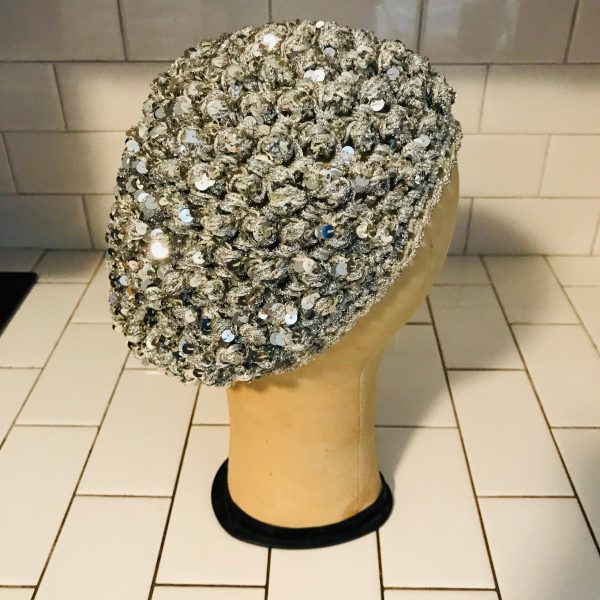 Vintage Snood Hat head cover metallic yarn silver sequins elastic movie theater prop costume special event