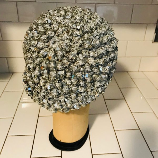 Vintage Snood Hat head cover metallic yarn silver sequins elastic movie theater prop costume special event