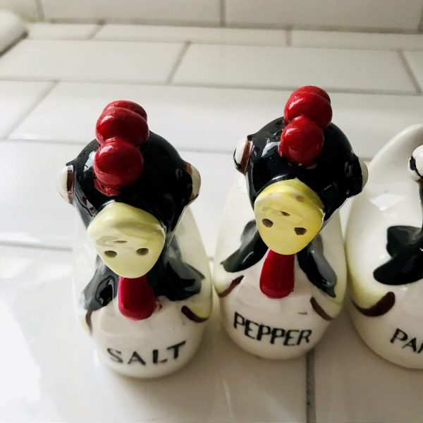 Vintage Spice Set wtih Salt and Pepper Chickens Roosters cloves allspice cinnamon nutmeg Collectible farmhouse display table retro kitchen