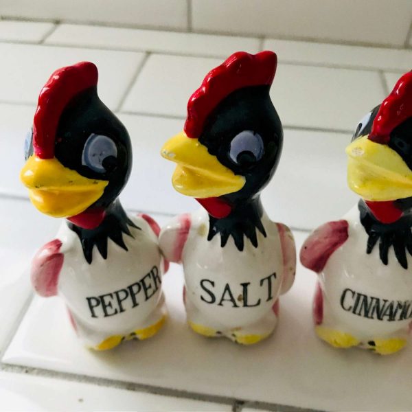Vintage Spice Set wtih Salt and Pepper Chickens Roosters cloves allspice cinnamon nutmeg Collectible farmhouse display table retro kitchen