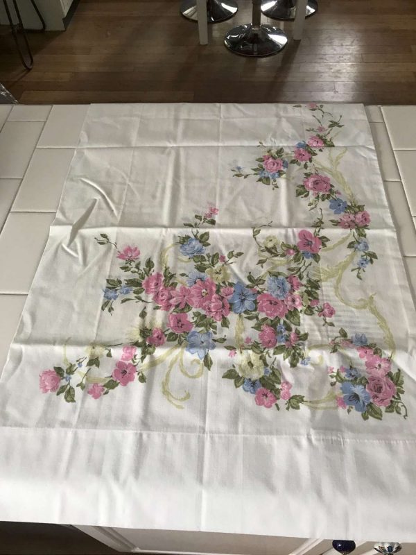 Vintage Standard size pillowcase white with pink blue flowers no iron percale Bed & Breakfast collectible display bedroom farmhouse cottage