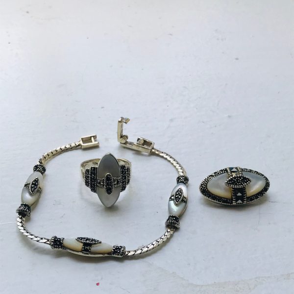 Vintage Sterling Silver 3 piece jewelry set with mother of pearl & marcasite ring brooch pin bracelet