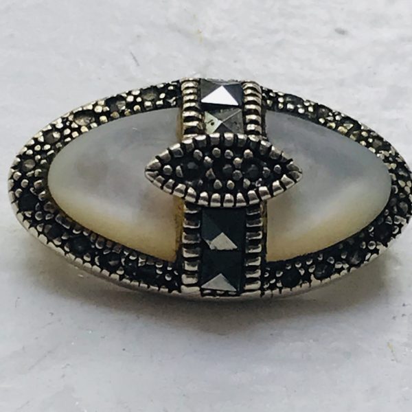 Vintage Sterling Silver 3 piece jewelry set with mother of pearl & marcasite ring brooch pin bracelet