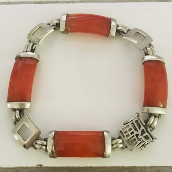 Vintage Sterling silver and Rust colored Jade bracelet Asian style slide closure with double saferty clasp Hong Kong 1940's