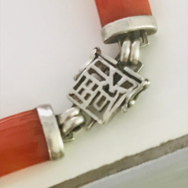 Vintage Sterling silver and Rust colored Jade bracelet Asian style slide closure with double saferty clasp Hong Kong 1940's