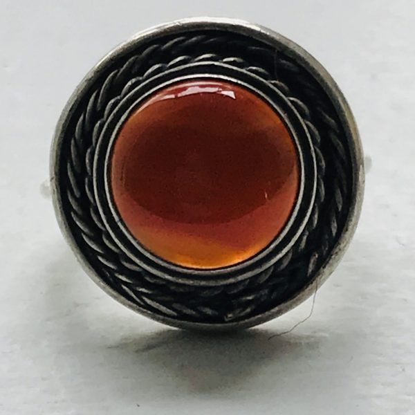 Vintage Sterling Silver and Rust Orange Caboshon large statement ring Great design Size 6 sterling marked .925 Unique style jewelry