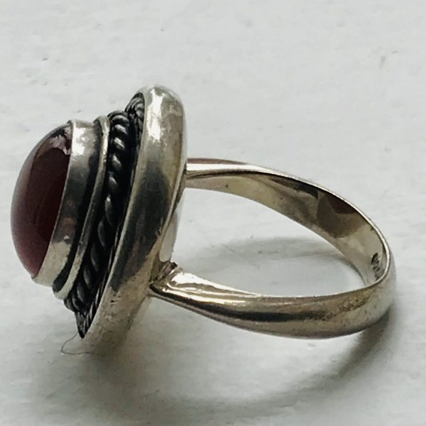 Vintage Sterling Silver and Rust Orange Caboshon large statement ring Great design Size 6 sterling marked .925 Unique style jewelry