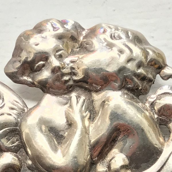 Vintage Sterling Silver Cherubs Pin Brooch or Pendant 1940's Art Nouveau highly ornate 2 3/4" across large bling brooch