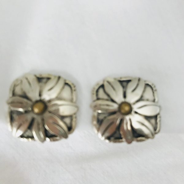 Vintage Sterling Silver Clip Earrings Floral pattern square sterling collectible jewelry marked Sterling 8 grams