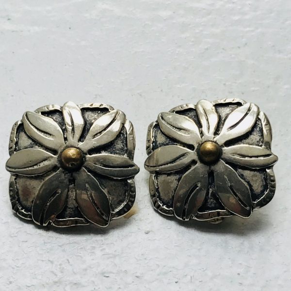 Vintage Sterling Silver Clip Earrings Floral pattern square sterling collectible jewelry marked Sterling 8 grams