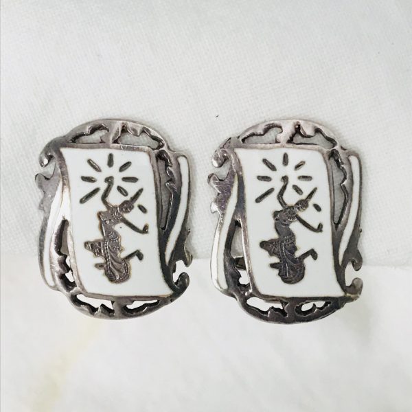 Vintage Sterling Silver Clip Earrings Siam White enameled front sterling collectible jewelry marked Sterling 6 grams