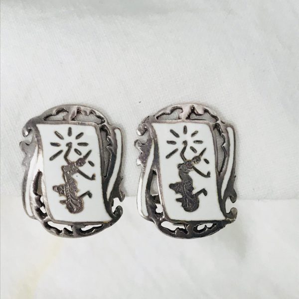 Vintage Sterling Silver Clip Earrings Siam White enameled front sterling collectible jewelry marked Sterling 6 grams