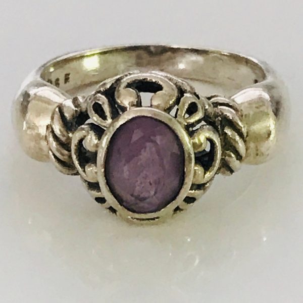 Vintage Sterling Silver Estate Ring Faceted Amethyst inset basket style collectible .925 Jewelry size 7 1/2