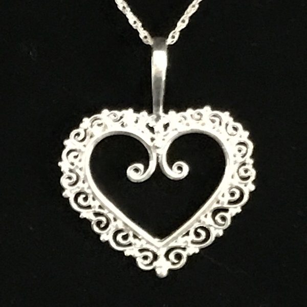 Vintage Sterling Silver Filigree Heart Pendant drop necklace with sterling chain Ornate detail