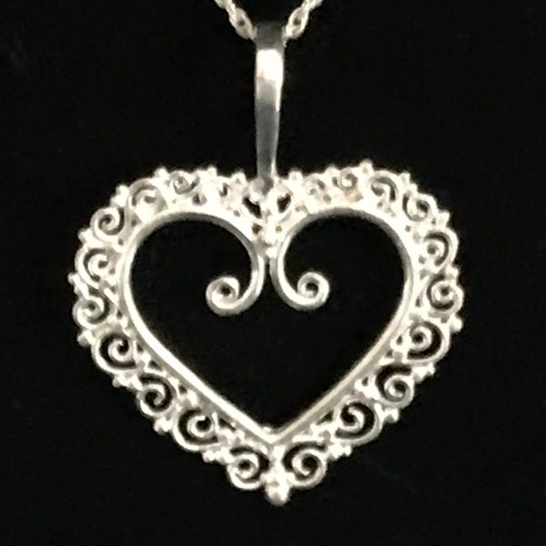 Vintage Sterling Silver Filigree Heart Pendant drop necklace with sterling chain Ornate detail