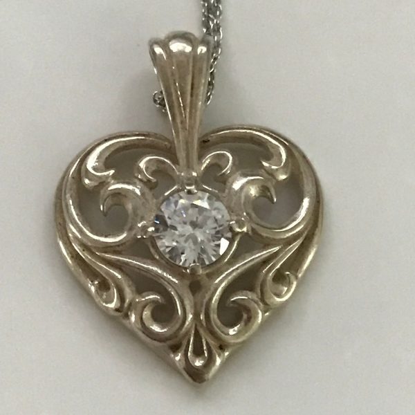 Vintage Sterling Silver Filigree Heart Pendant drop necklace with sterling chain Ornate detail large clear crystal center stone great bling