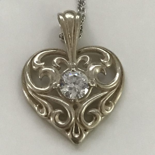 Vintage Sterling Silver Filigree Heart Pendant drop necklace with sterling chain Ornate detail large clear crystal center stone great bling