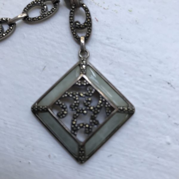 Vintage Sterling Silver Jade and Marcasite diamond shaped pendant with marcasite stones in chain 26 grams .925 ornate jewelry