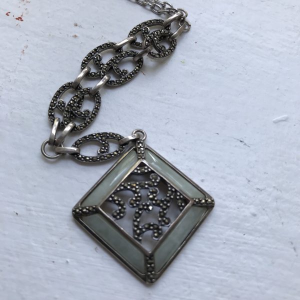 Vintage Sterling Silver Jade and Marcasite diamond shaped pendant with marcasite stones in chain 26 grams .925 ornate jewelry