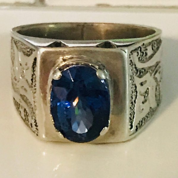 Vintage Sterling Silver Men's Ring Faceted Amethyst hand made ornate band deep purple/blue collectible .925 Jewelry size 11